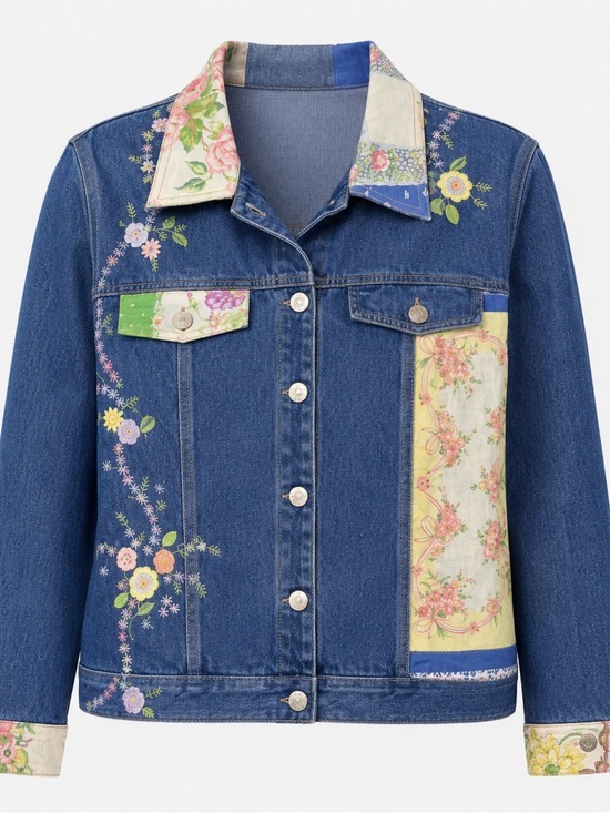 Susan Bristol Jackets & Blazers - Susan Bristol Blue Denim Jacket with Pastel Floral Bow Patchwork Trim